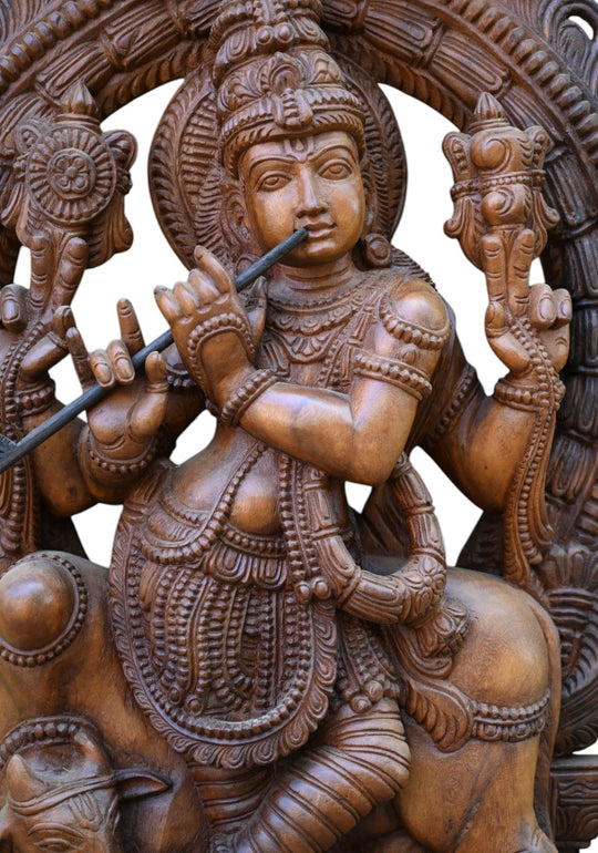 Prabhavali (Ornamental Arch) Cow Krishna in Wood statue 36"