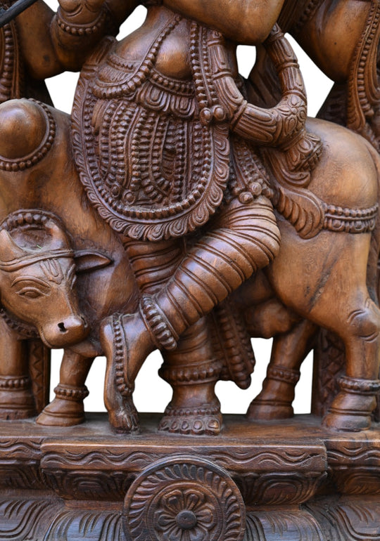 Prabhavali (Ornamental Arch) Cow Krishna in Wood statue 36"