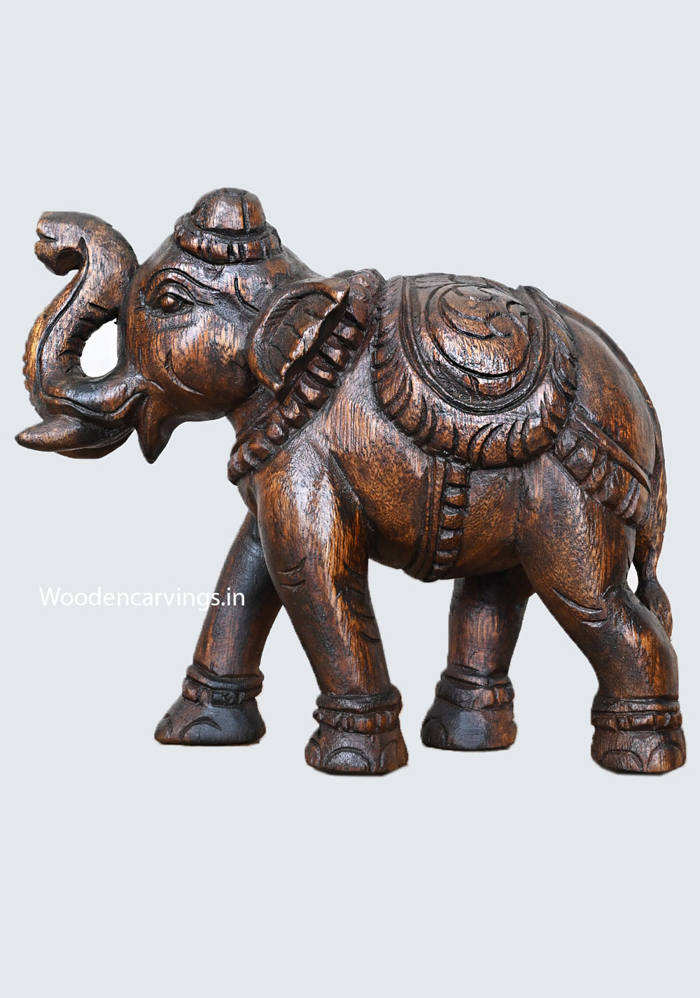 Wooden Standing Upraised Elephant Wax Brown Finishing Showpiece Handcrafted Light Weight Sculpture 12"