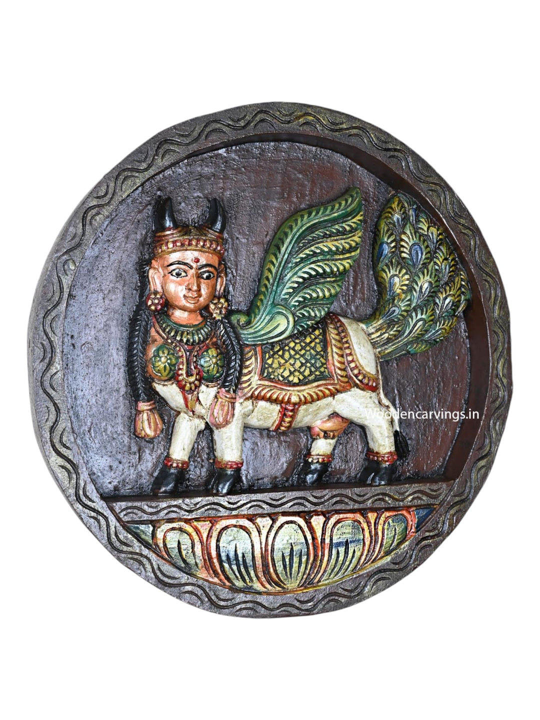Round Circle Design Colourful Standing Kamadhenu Wall Decoration Wall Hanging Hooks Fixed Wooden Wall Mount 15"