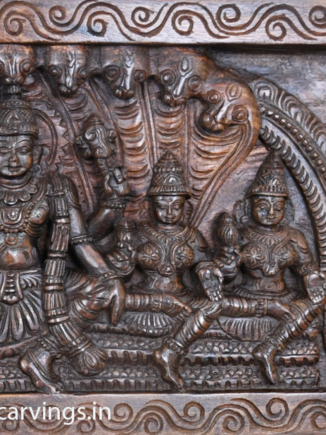 Wooden Horizontal Mahavishnu Briskly Seated With Propserity Mahalakshmi Wooden Wax Brown Hooks Fixed Wall Panel 32"