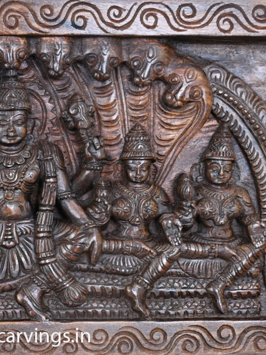 Wooden Horizontal Mahavishnu Briskly Seated With Propserity Mahalakshmi Wooden Wax Brown Hooks Fixed Wall Panel 32"