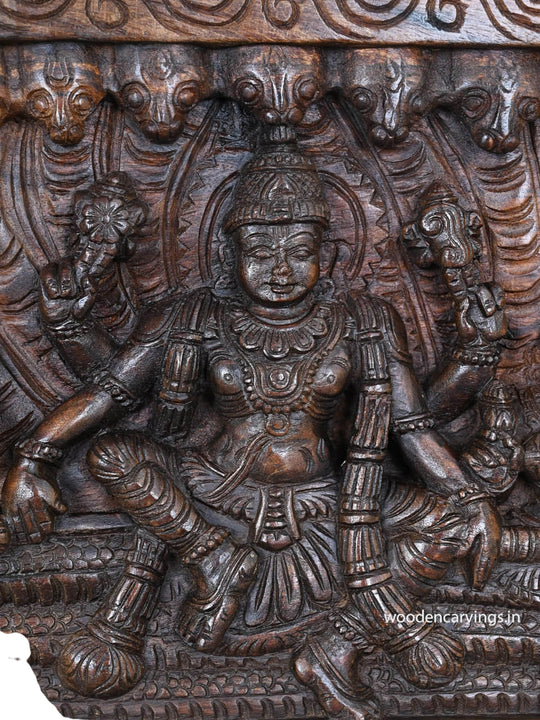Wooden Horizontal Mahavishnu Briskly Seated With Propserity Mahalakshmi Wooden Wax Brown Hooks Fixed Wall Panel 32"