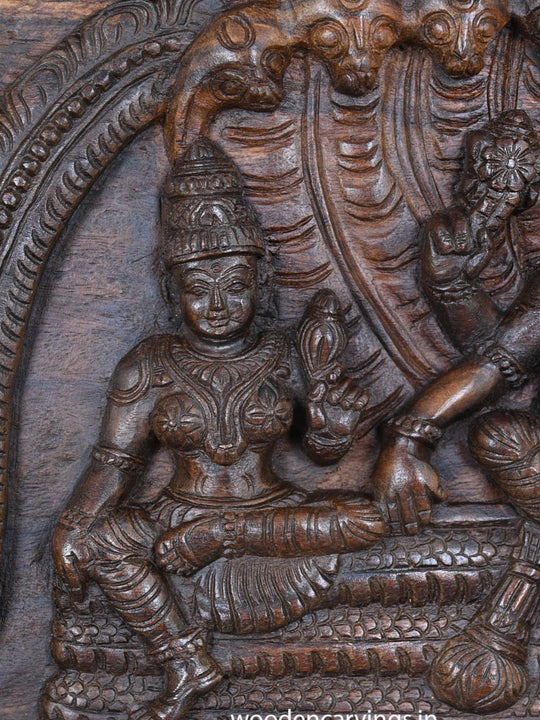 Wooden Horizontal Mahavishnu Briskly Seated With Propserity Mahalakshmi Wooden Wax Brown Hooks Fixed Wall Panel 32"