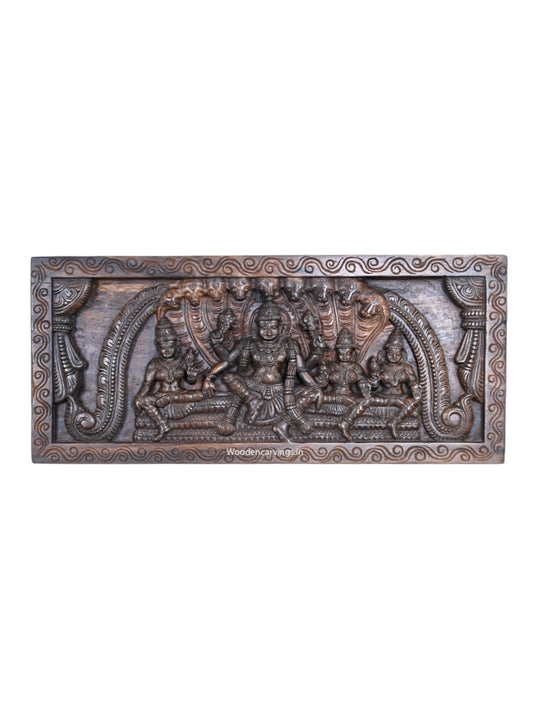 Wooden Horizontal Mahavishnu Briskly Seated With Propserity Mahalakshmi Wooden Wax Brown Hooks Fixed Wall Panel 32"