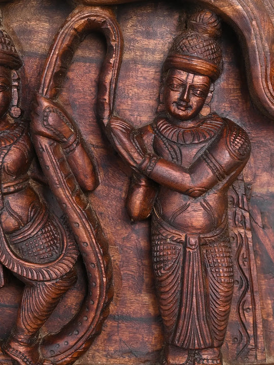 BakaSura,Thirumal and Kaliya-Mardana Wooden Wall Panel 32"