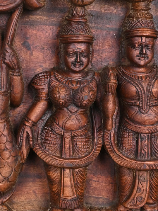 BakaSura,Thirumal and Kaliya-Mardana Wooden Wall Panel 32"