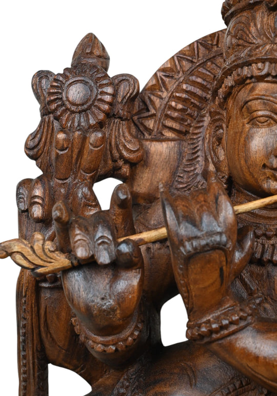 wooden Cow Krishna in Tribhanga Pose 24"