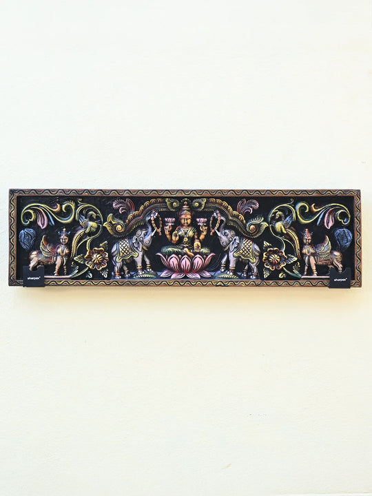 Gajalakshmi Seated on Lotus with Two Elephants & Guardians wooden panel 42