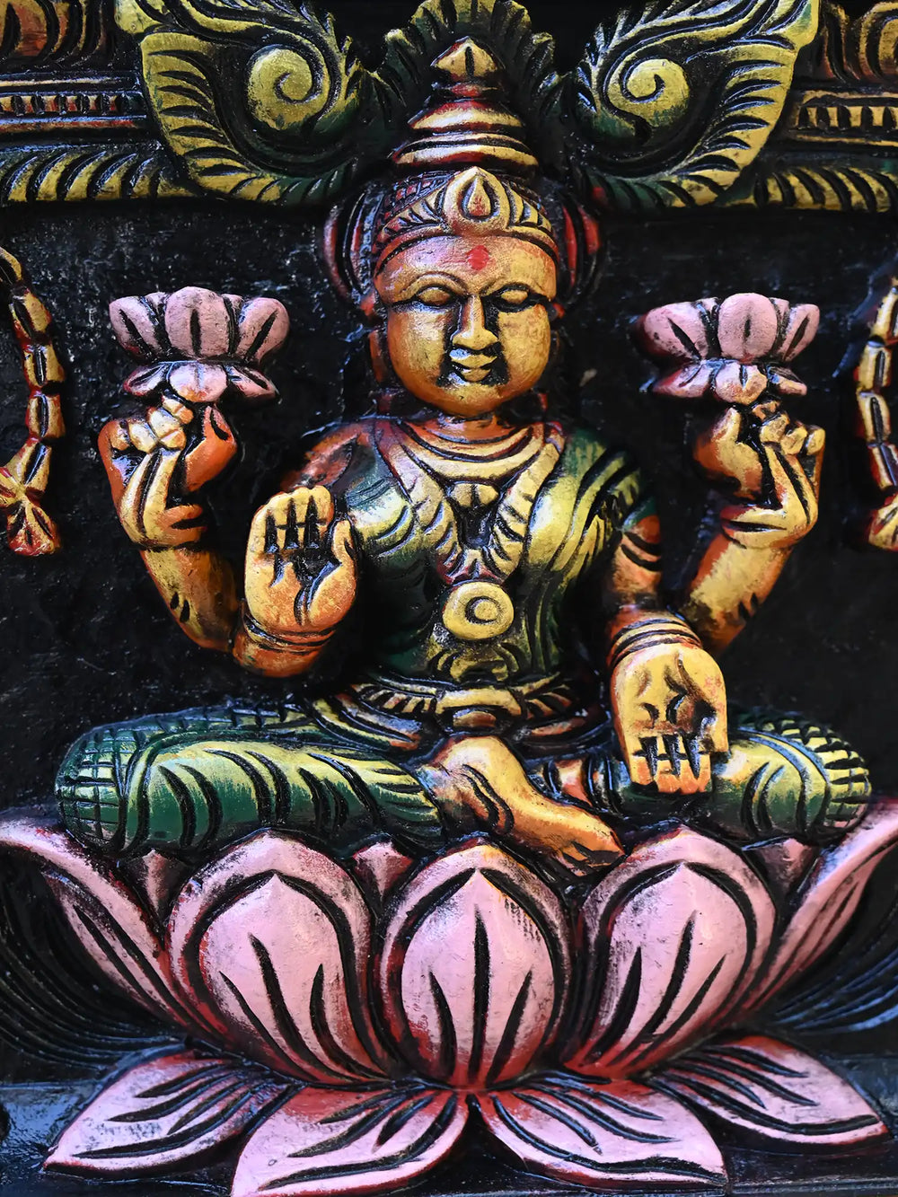 Gajalakshmi Seated on Lotus with Two Elephants & Guardians wooden panel 42
