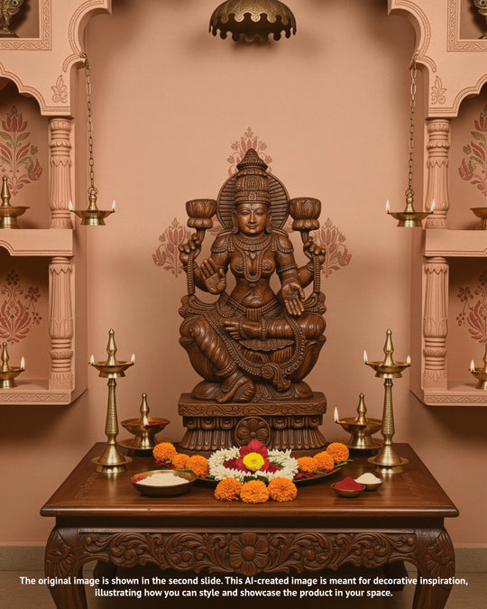 Lakshmi Seated on Lotus wooden statue 36"
