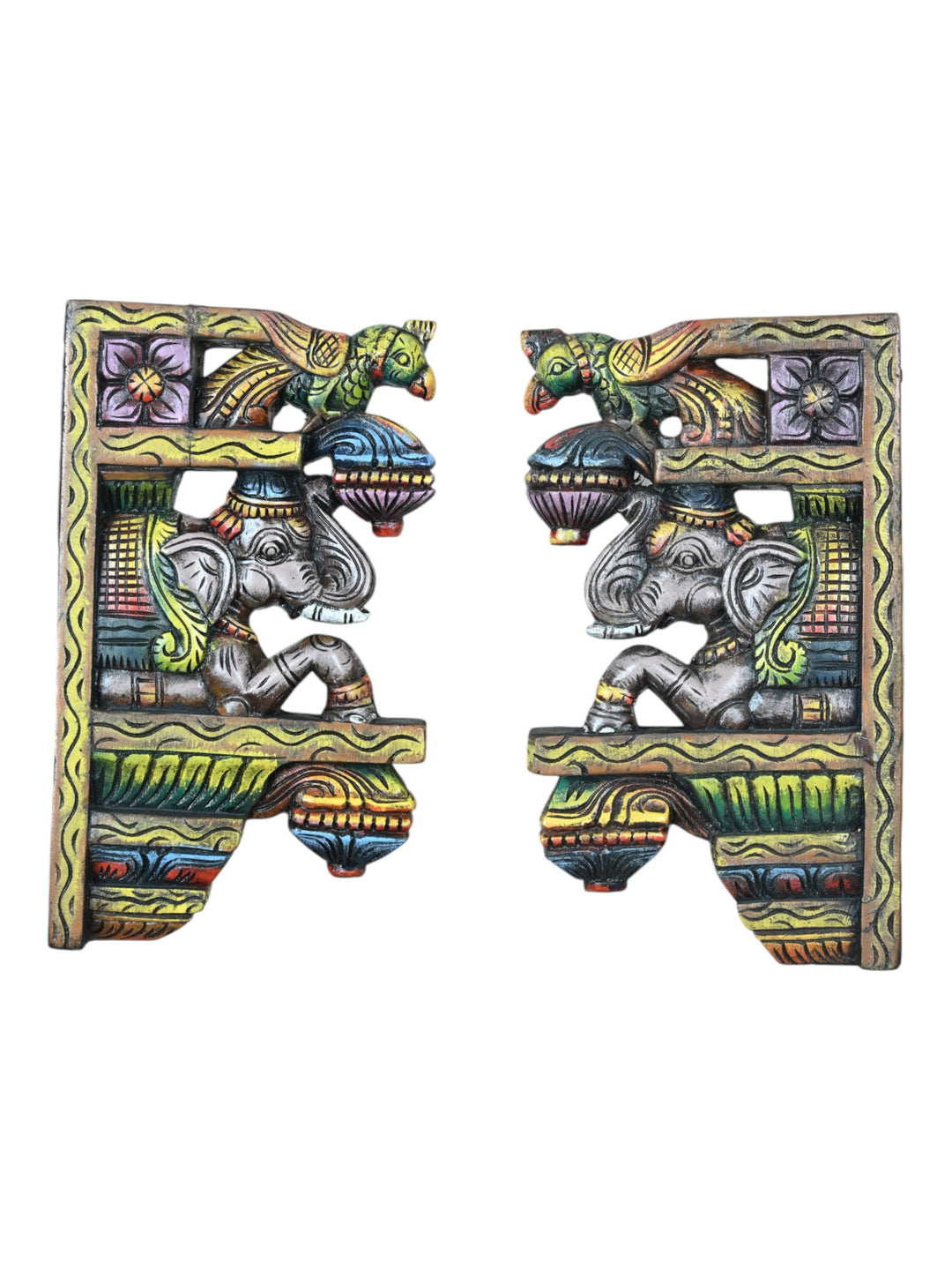 wooden elephant with peacock wall brackets