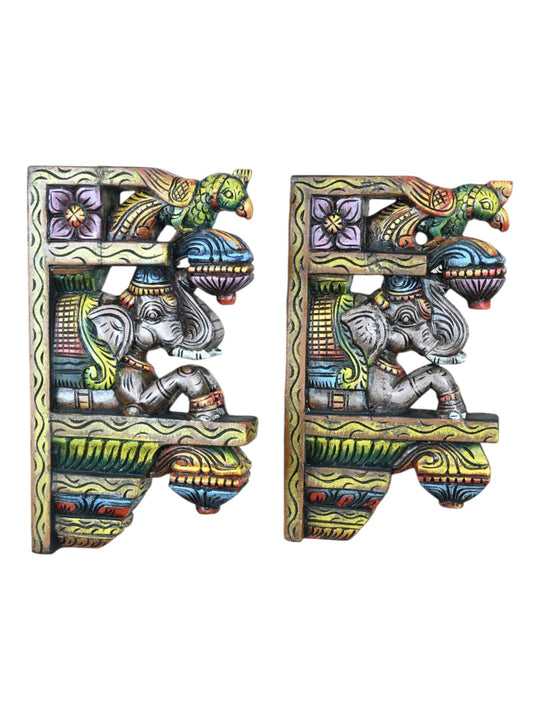 wooden elephant with peacock wall brackets