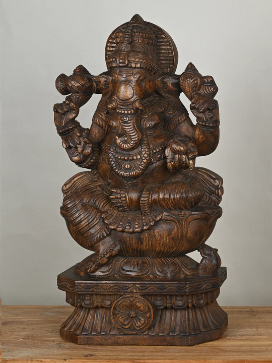 Lord Ganesha Sitting in Lotus Wooden Statue- 25"