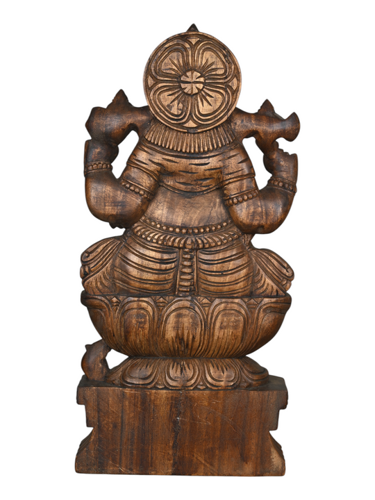 Lord Ganesha Sitting in Lotus Wooden Statue- 25"