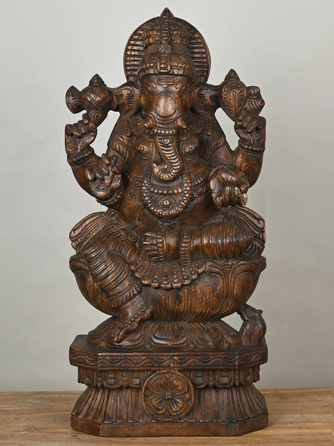 Ganesha Sitting in Lotus Wooden Statue
