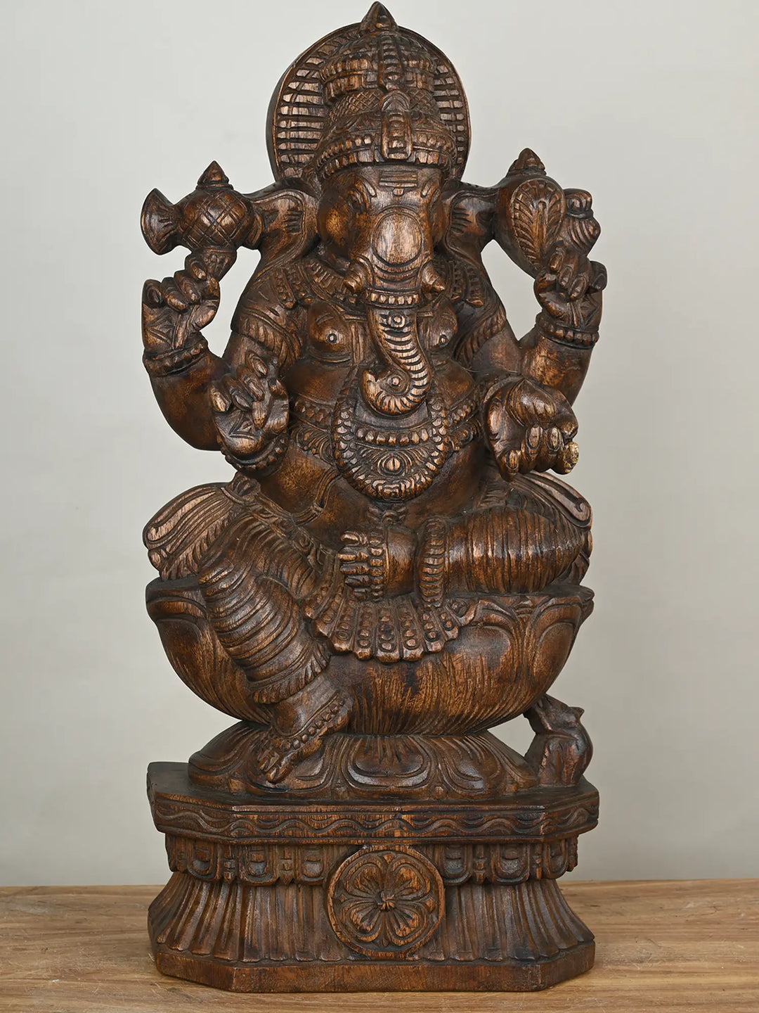 Lord Ganesha Sitting in Lotus Wooden Statue- 25"