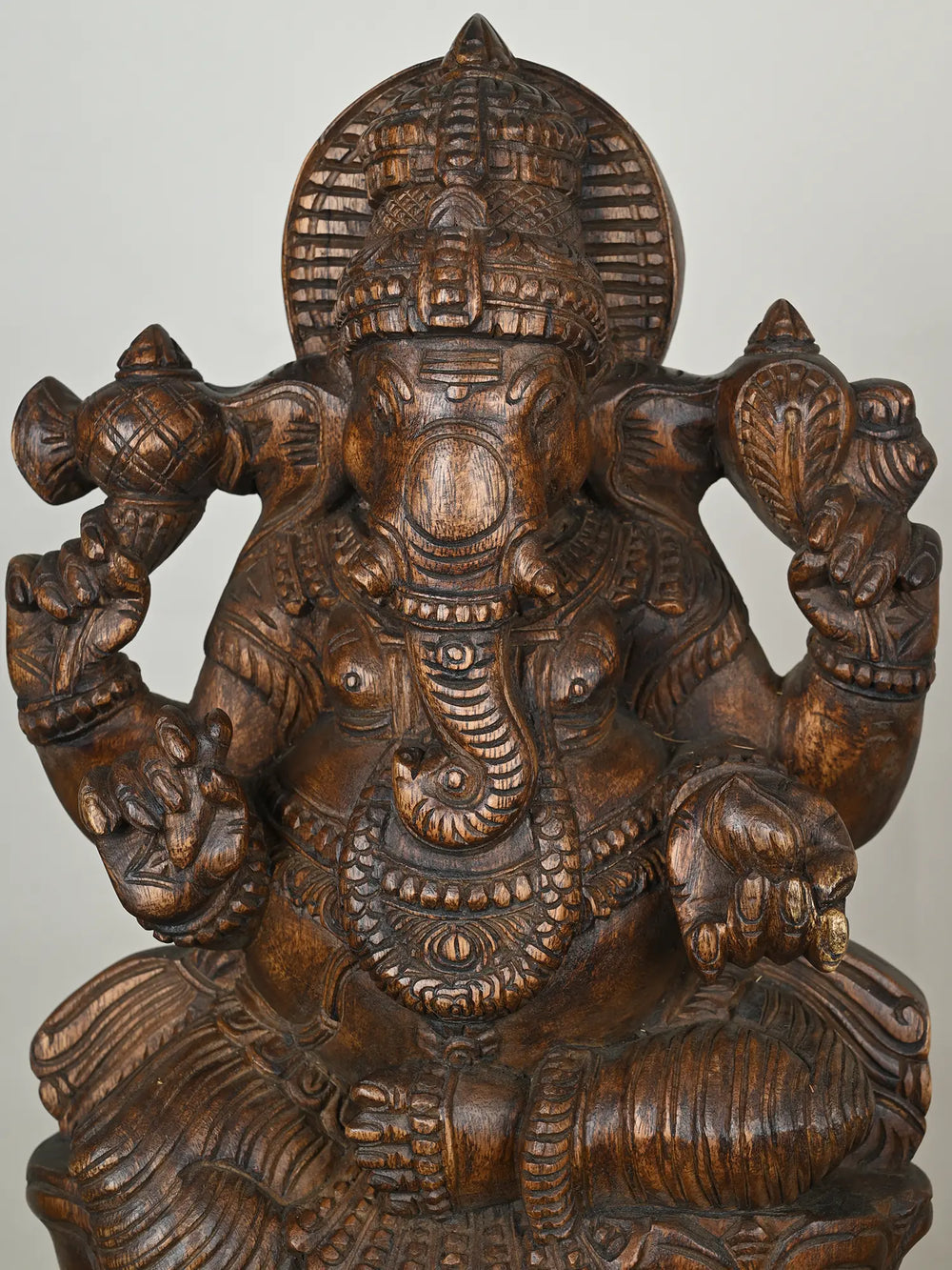Ganesha Sitting in Lotus Wooden Statue