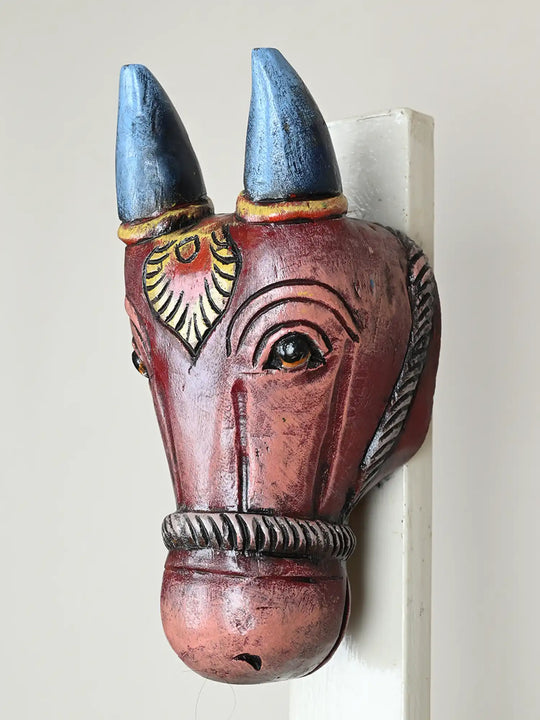 Colorful Ox Face Mask – Handcrafted Solid Wood Wall Art-11.5"