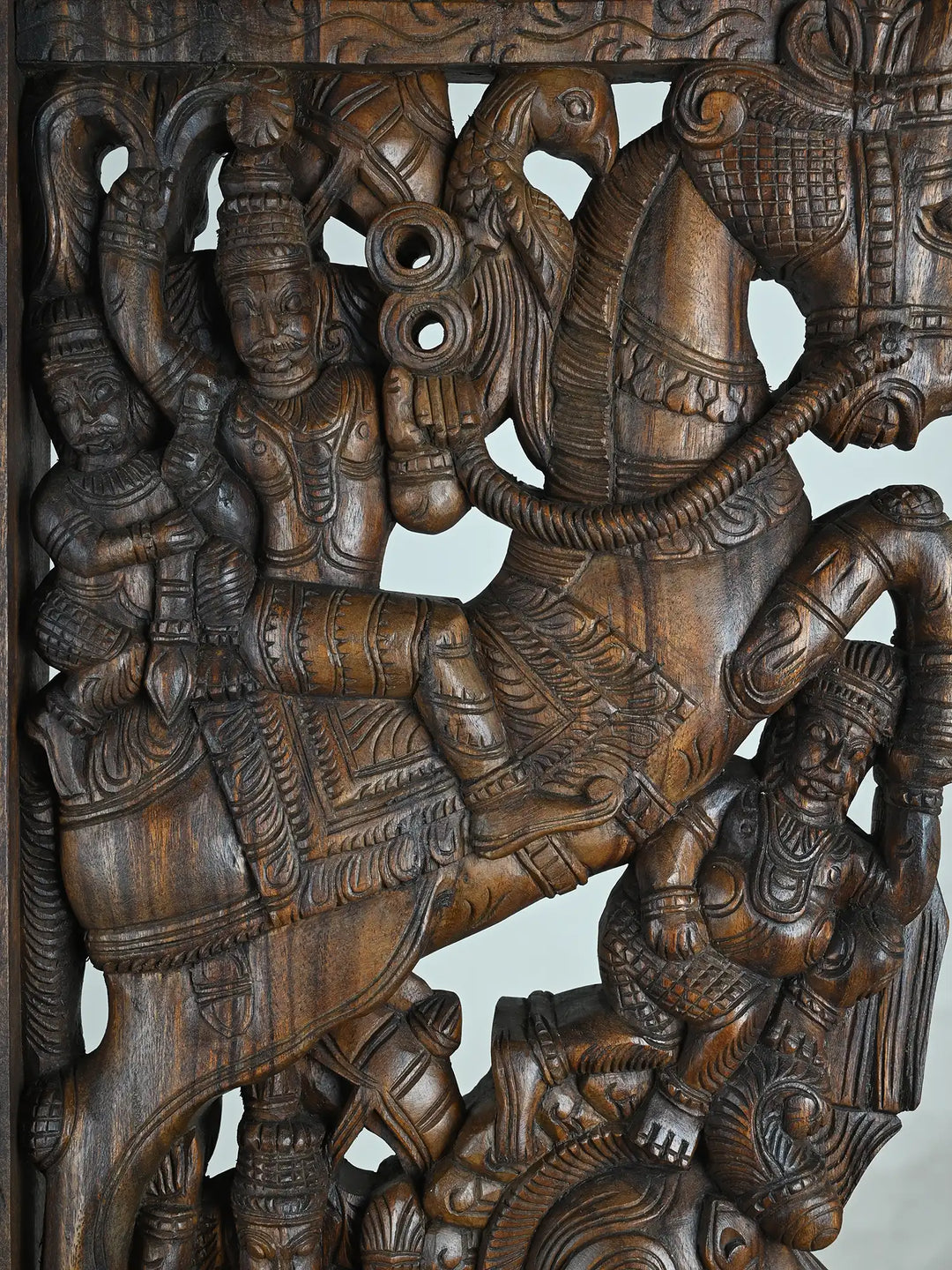 Large Bracket Vir Village Guard Riding Horse Above Yali, Elephant, parrot 68"