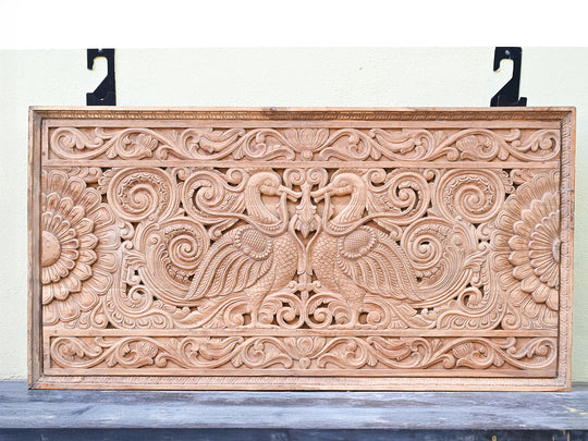 Traditional Floral and Peacock Wood Panel-47"(MADE IN BURMA DEAK)