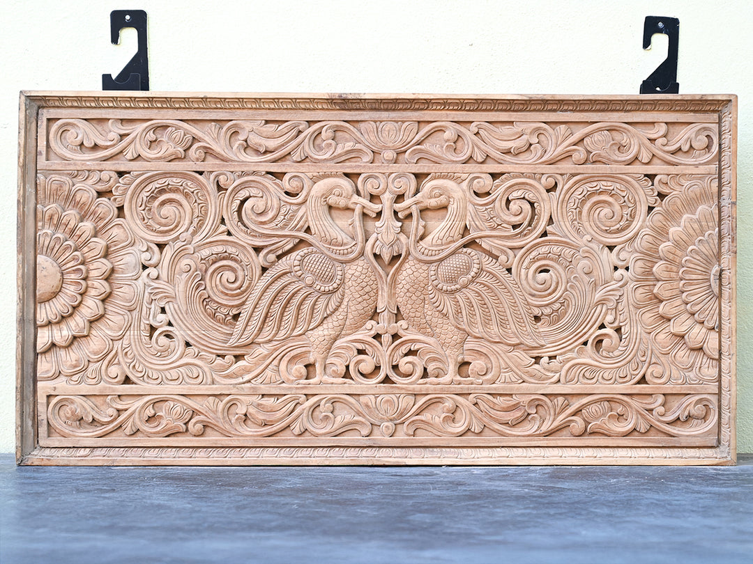 Traditional Floral and Peacock Wood Panel-47"(MADE IN BURMA DEAK)