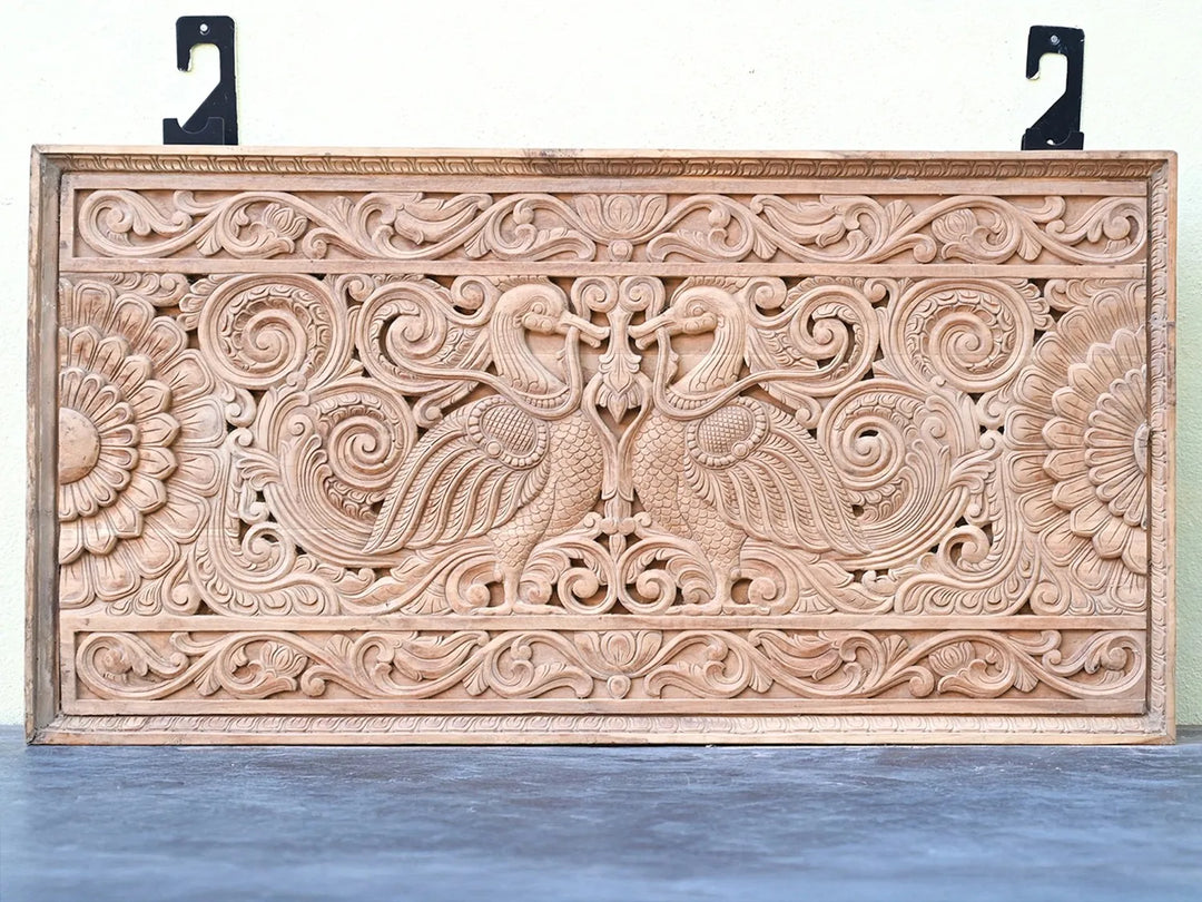 Traditional Floral and Hamsa Wood Panel-47"(MADE IN BURMA DEAK)