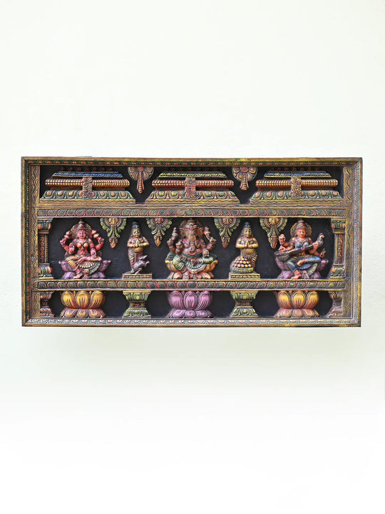 Wooden Ganesh, Lakshmi & Saraswathi's panel