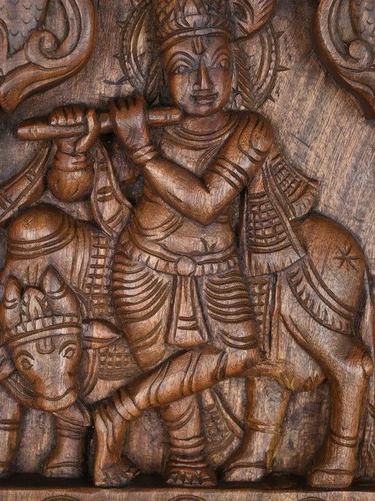 Lord Krishna Playing Flute Wooden Sculpture-12'
