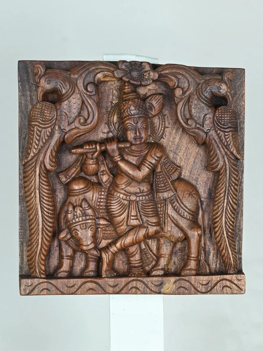 Lord Krishna Playing Flute Wooden Sculpture-12'