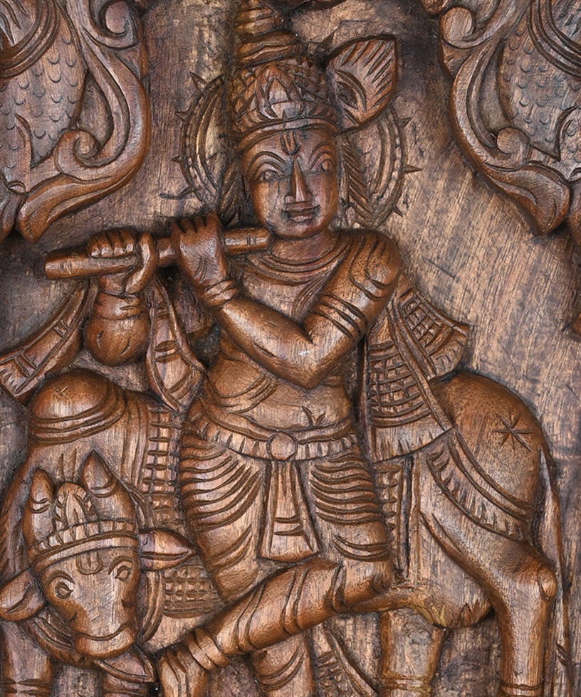 Krishna with Cow Wooden Panel-12"