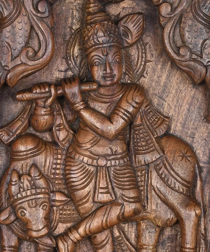 Krishna with Cow Wooden Panel-12"