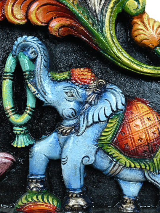 Gajalakshmi with Two Elephants – Handcrafted Wooden Panel-36"