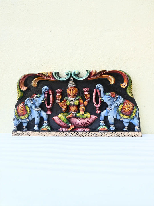 Wooden Lakshmi with elephants wall panel