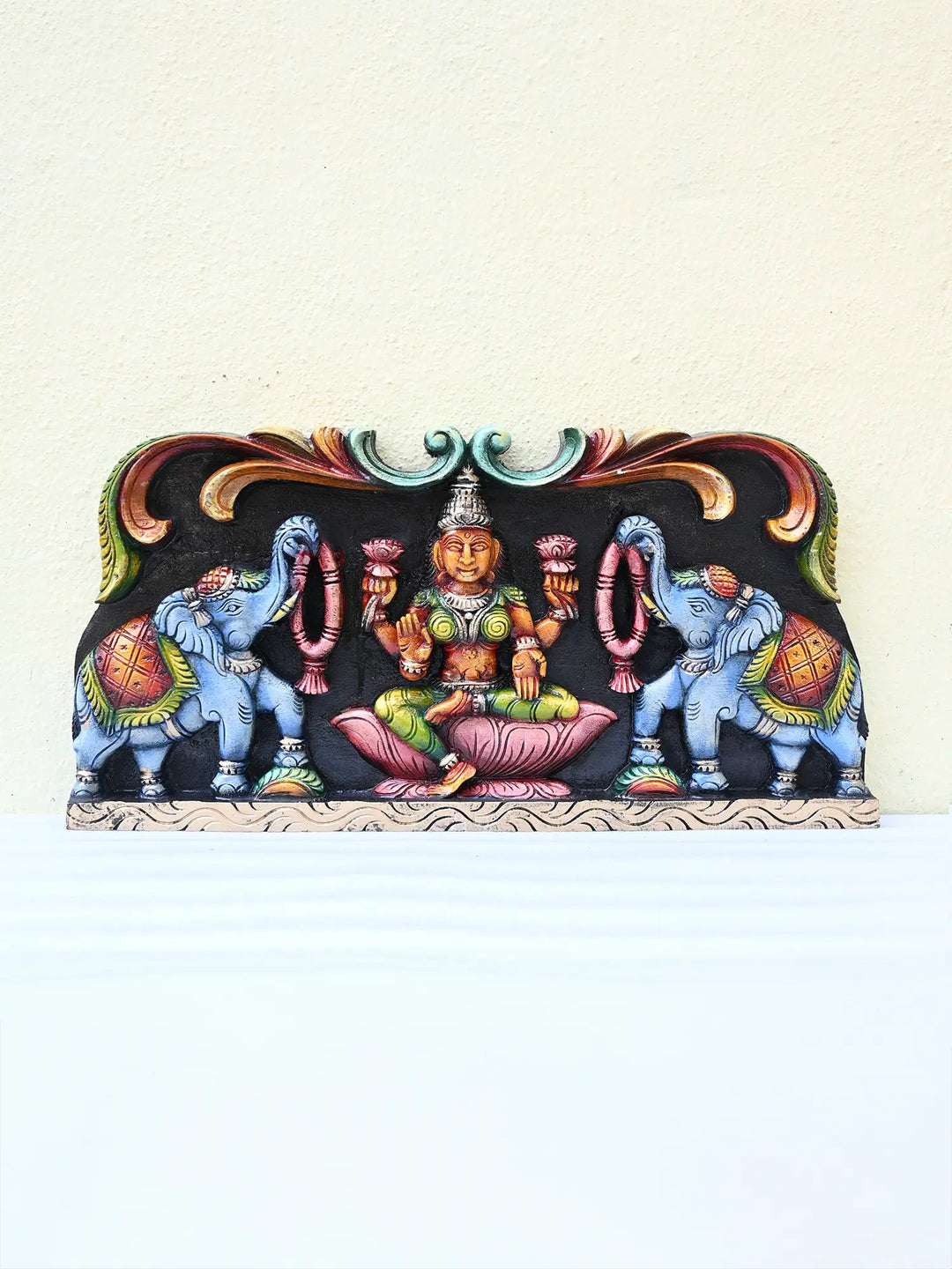 Wooden Lakshmi with elephants wall panel