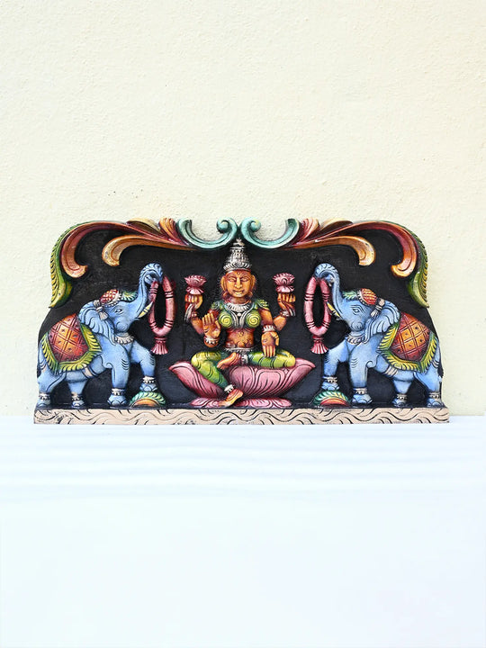 Wooden Lakshmi with elephants wall panel