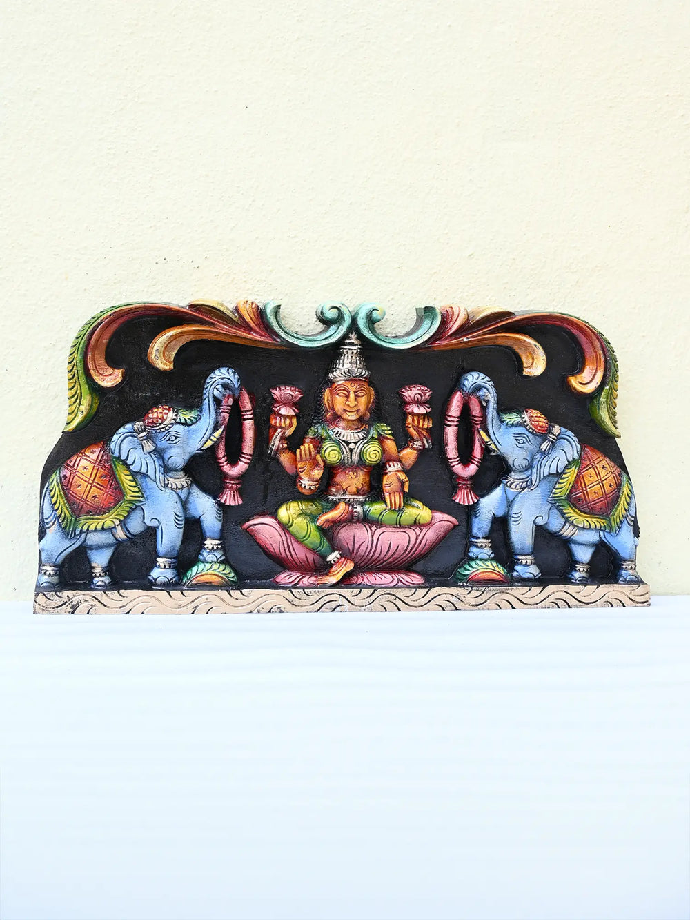 Wooden Lakshmi with elephants wall panel