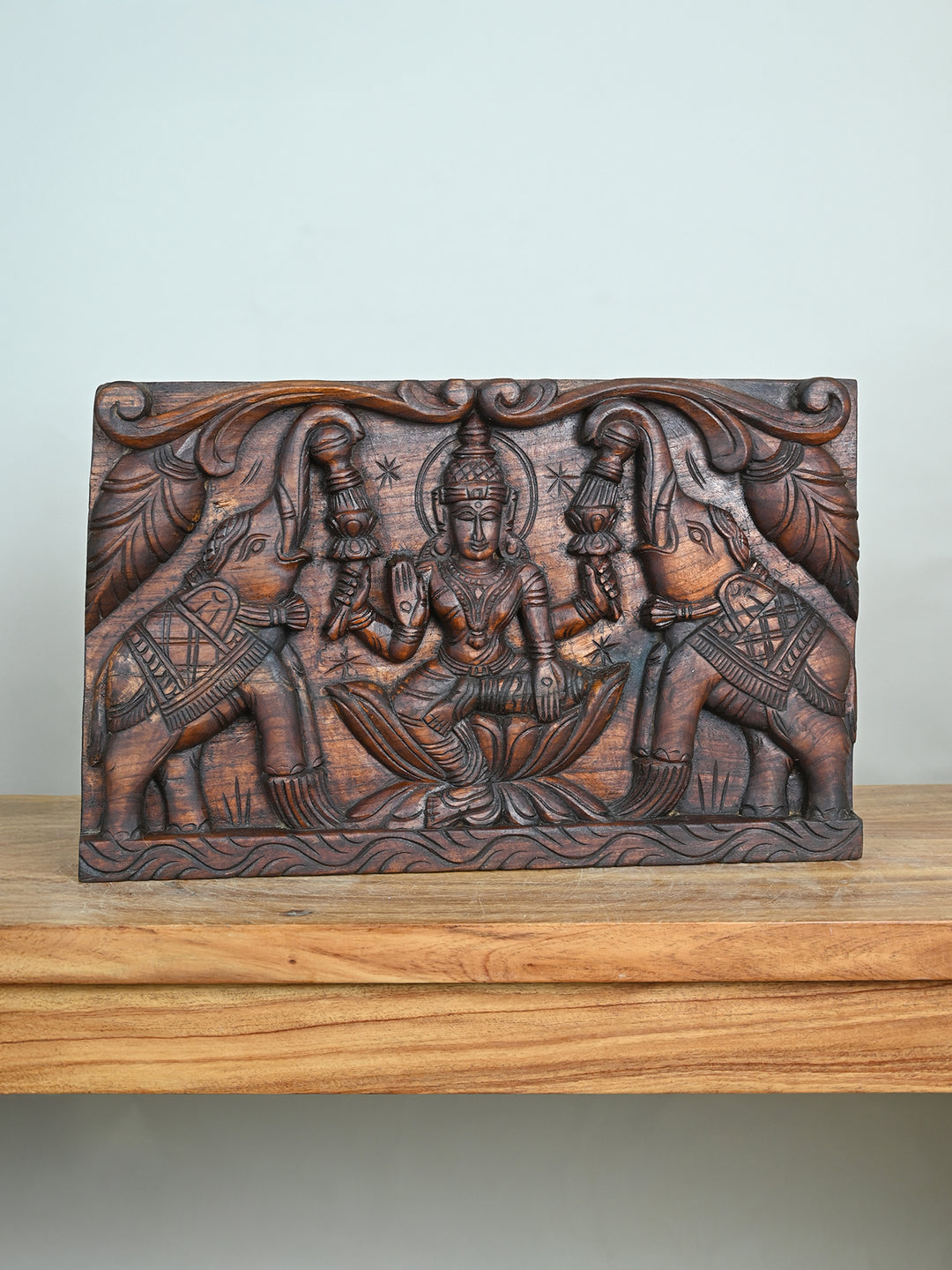 Gajalakshmi with Elephants Wooden Panel-18.5"