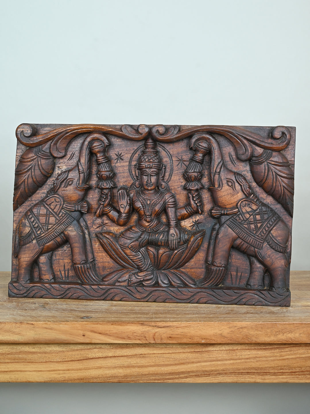 Gajalakshmi with Elephants Wooden Panel-18.5"