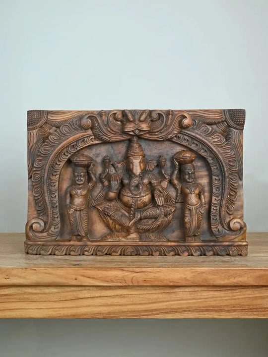Wooden Ganesha with Riddhi & Siddhi Wall Decor