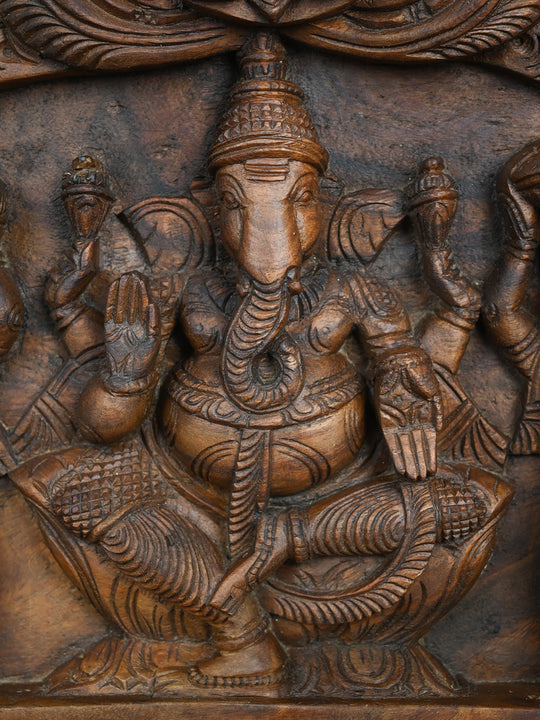 Wooden Ganesha with Riddhi & Siddhi Wall Decor-18"