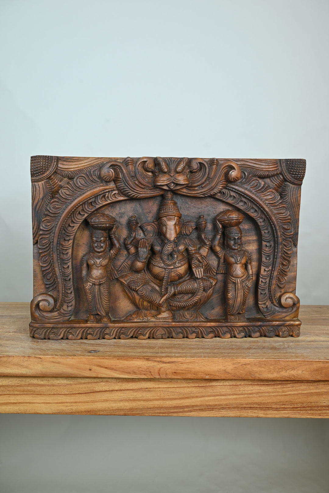 Wooden Ganesha with Riddhi & Siddhi Wall Decor-18"