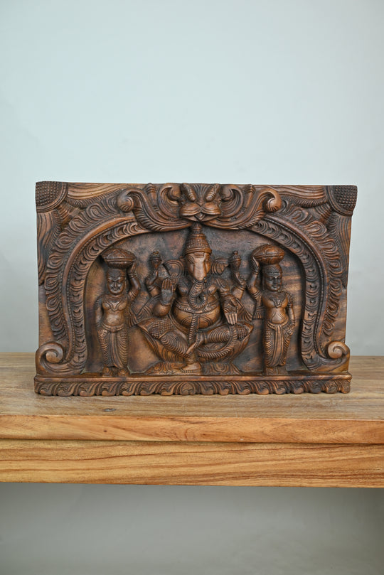 Wooden Ganesha with Riddhi & Siddhi Wall Decor-18"