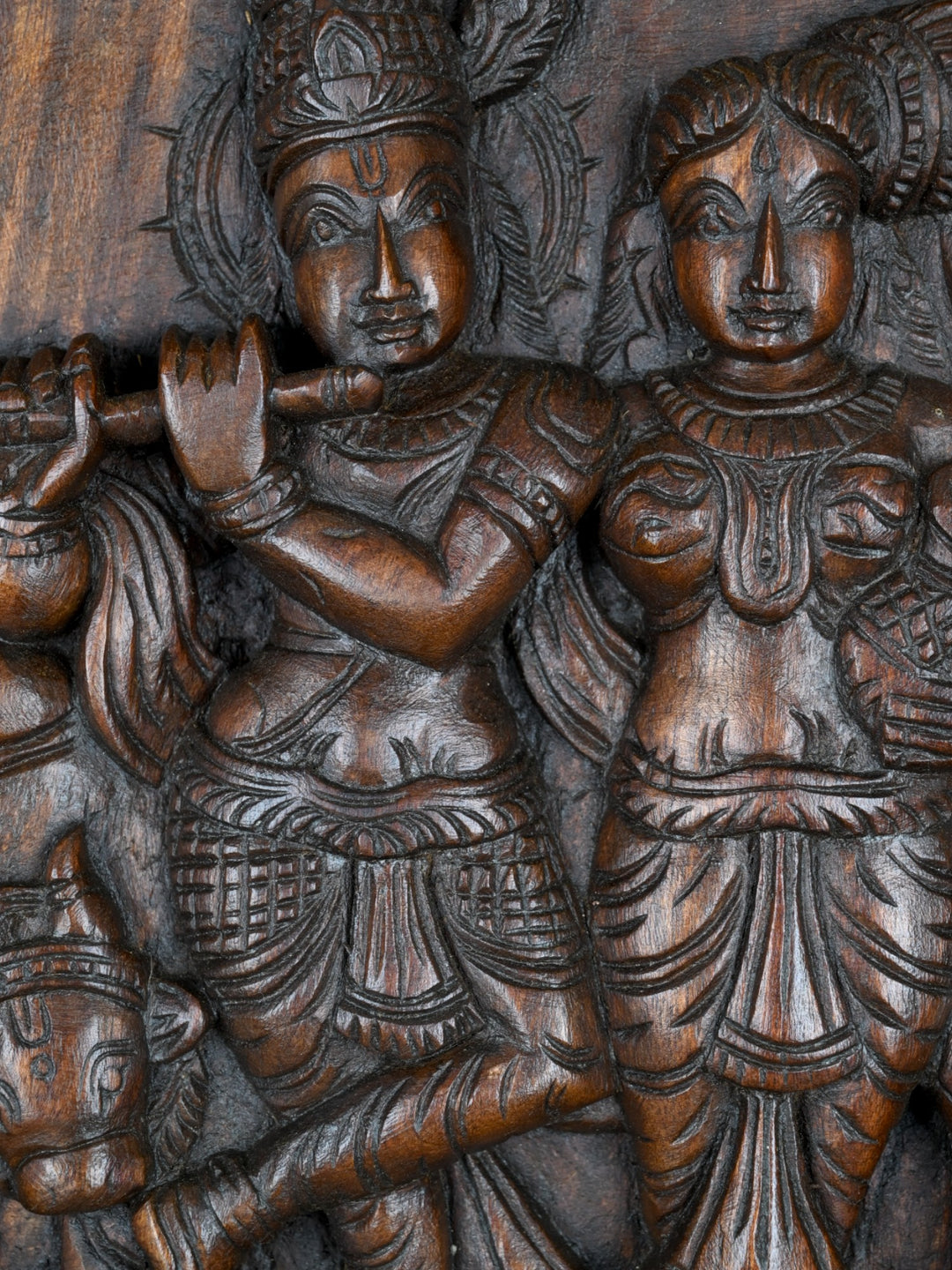 Wooden Radha and Krishna with a cow wall mount 12"
