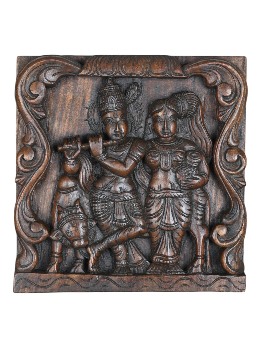 Wooden Radha and Krishna with a cow wall mount
