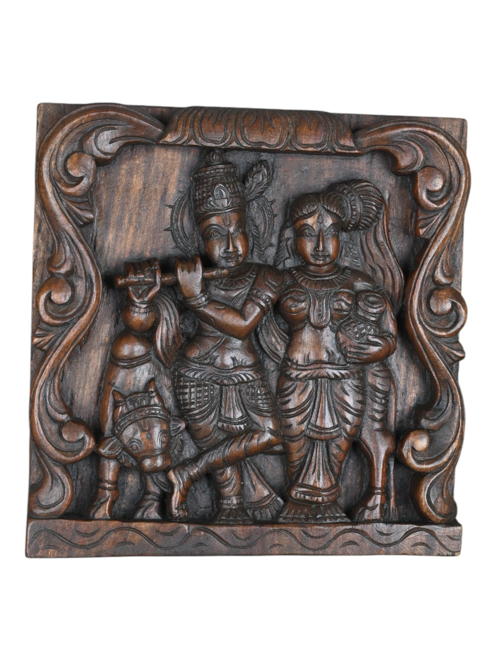 Wooden Radha and Krishna with a cow wall mount