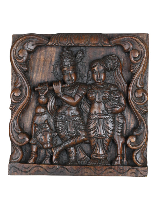 Wooden Radha and Krishna with a cow wall mount