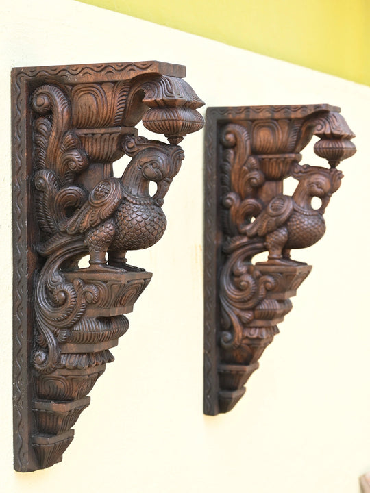 Graceful Peacocks Wooden Wall Bracket