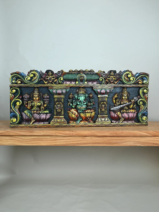 Wood Ganesh with Lakshmi and Saraswathi panel