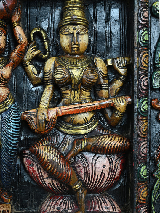 Wooden Devotional Art Ganesha and Two Goddesses-27"